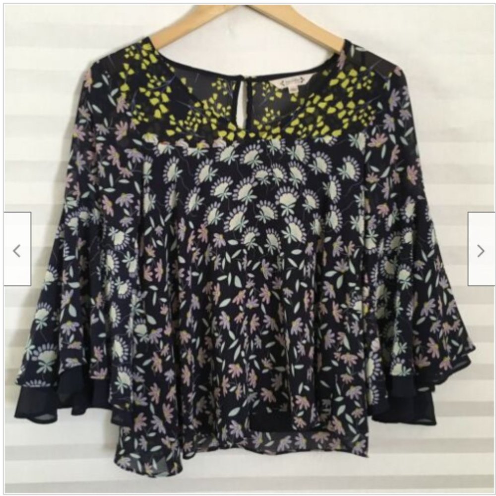 Nanette Lepore Blouse Top Semi Sheer Floral 3/4 Bell Sleeve Flowy